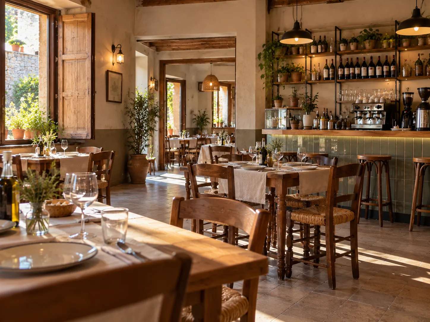 Comedor de la fonda con mesas de madera, manteles de cuadros y luz de mediodía