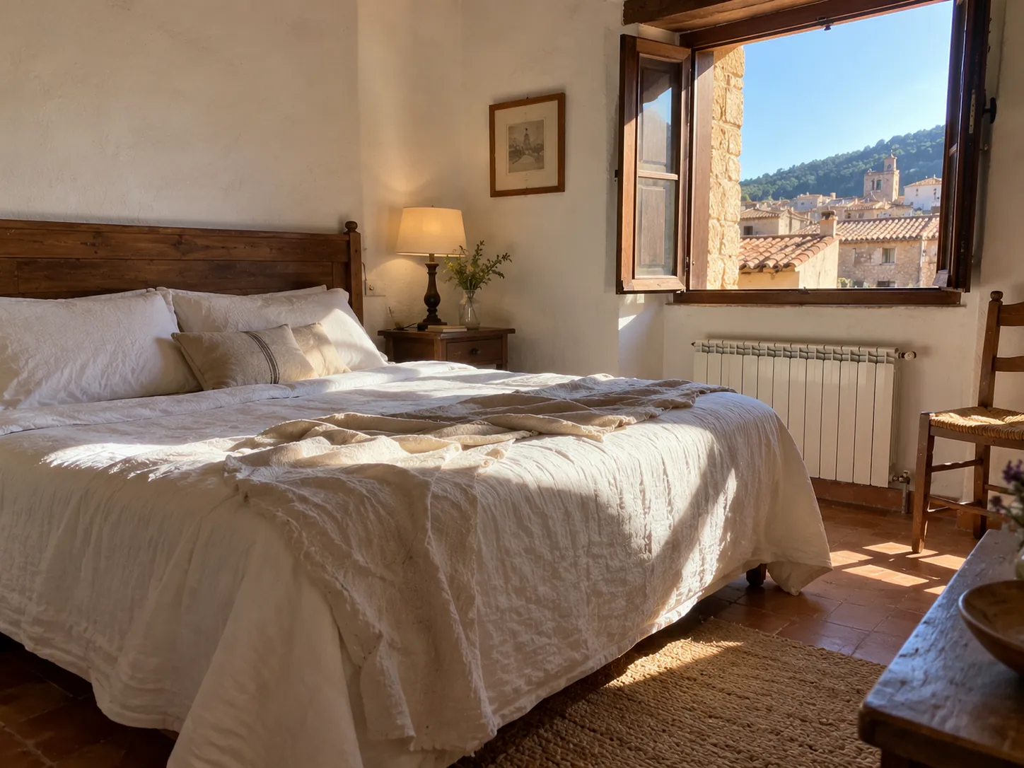 Habitación doble con cama de madera, colcha blanca y ventana al pueblo