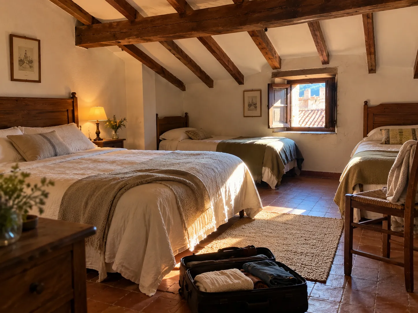 Habitación familiar abuhardillada con cama doble y dos camas individuales
