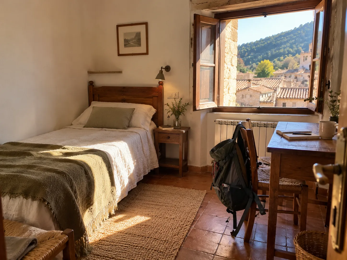 Habitación individual sencilla con escritorio junto a la ventana