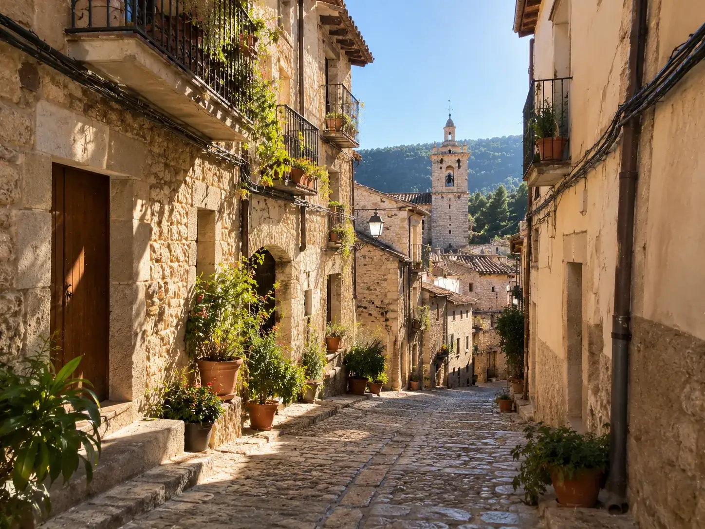 Calle empedrada de pueblo con casas de piedra y balcones con flores