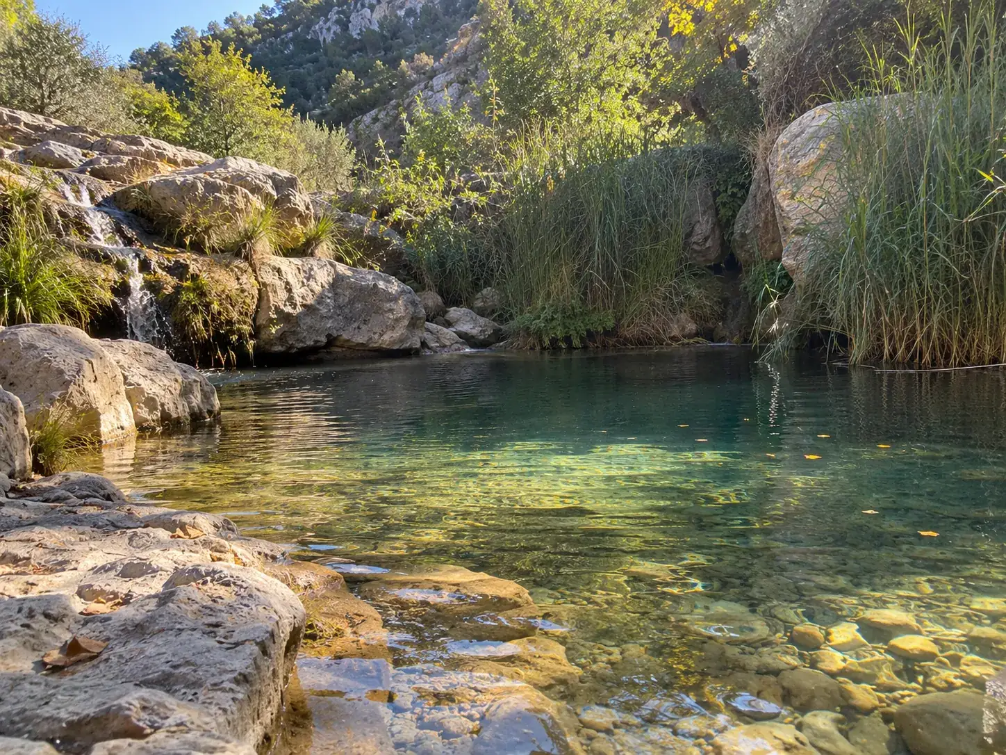 Poza de agua clara en un río de montaña rodeada de rocas